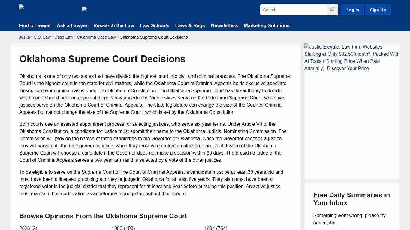 Oklahoma Supreme Court Decisions :: Oklahoma Case Law :: Oklahoma Law :: U.S. Law :: Justia